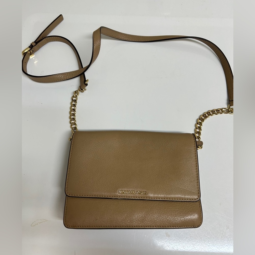 Michael Kors Double Gusset Pebbled Leather Crossbody Bag Tan Gold Chain